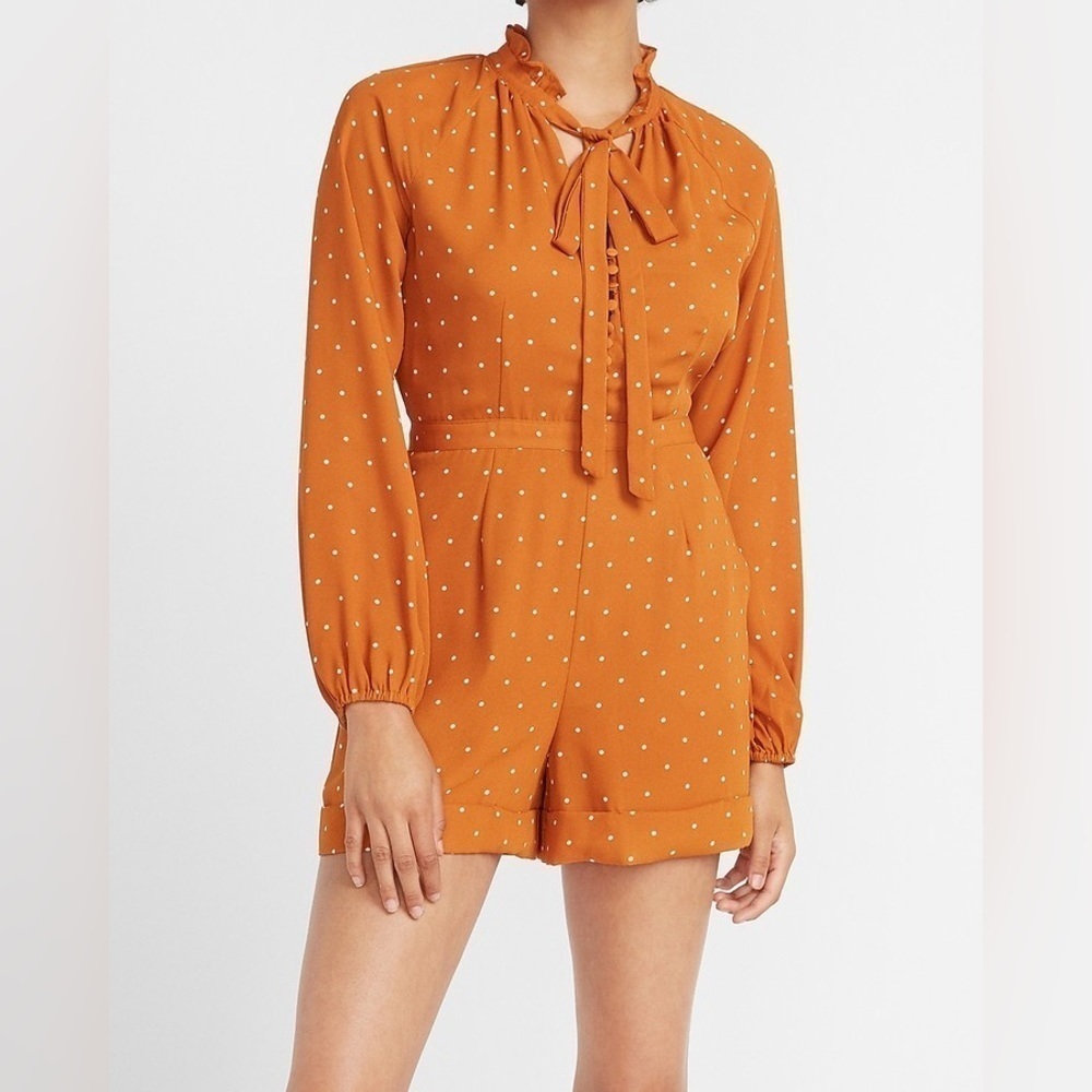 Express Lady Gaga Polka Dot Tie Neck Long Sleeve Romper